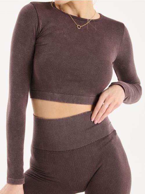 Sinsay - Crop top s dlhými rukávmi - tmavohnedá