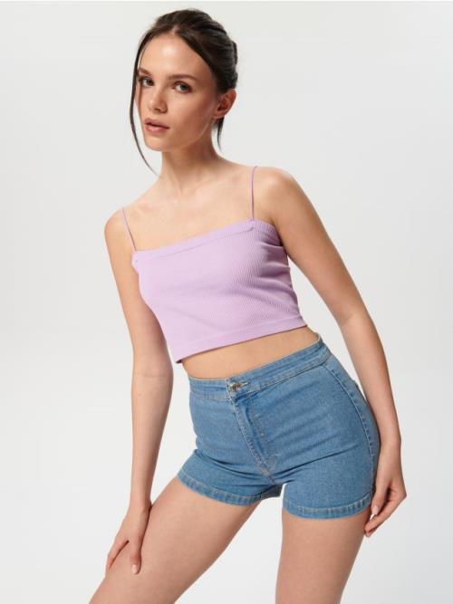 Sinsay - Rifľové kraťasy high waist - modrá