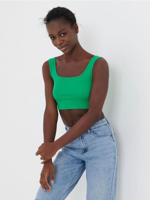 Sinsay - Crop top z prúžkovaného úpletu - svieža zelená