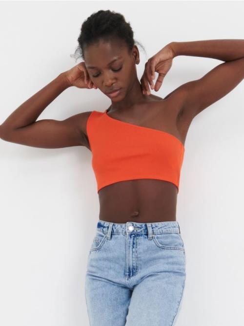 Sinsay - Crop top z prúžkovaného úpletu - oranžová