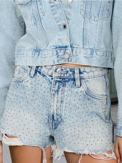 Sinsay - Rifľové kraťasy high waist - modrá