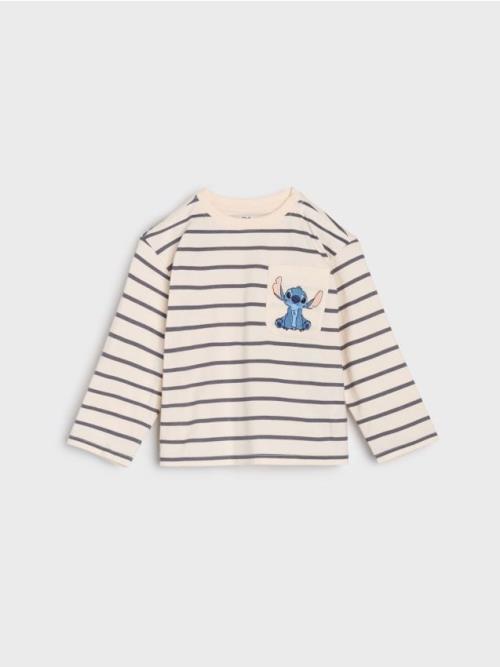 Sinsay - Bavlnené tričko s dlhými rukávmi Stitch - krémová