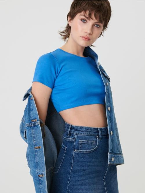 Sinsay - Crop top z prúžkovaného úpletu - modrá