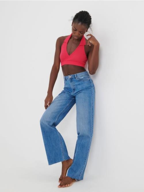 Sinsay - Crop top z prúžkovaného úpletu - fuksiová